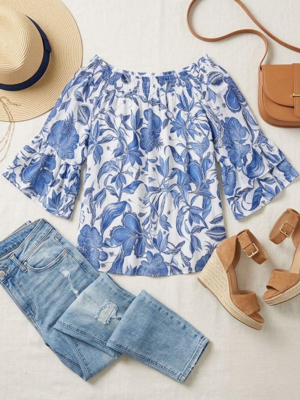 EUC H&M Blue & White Floral Print Off The Shoulder Flutter Sleeve Blouse, Size 6
